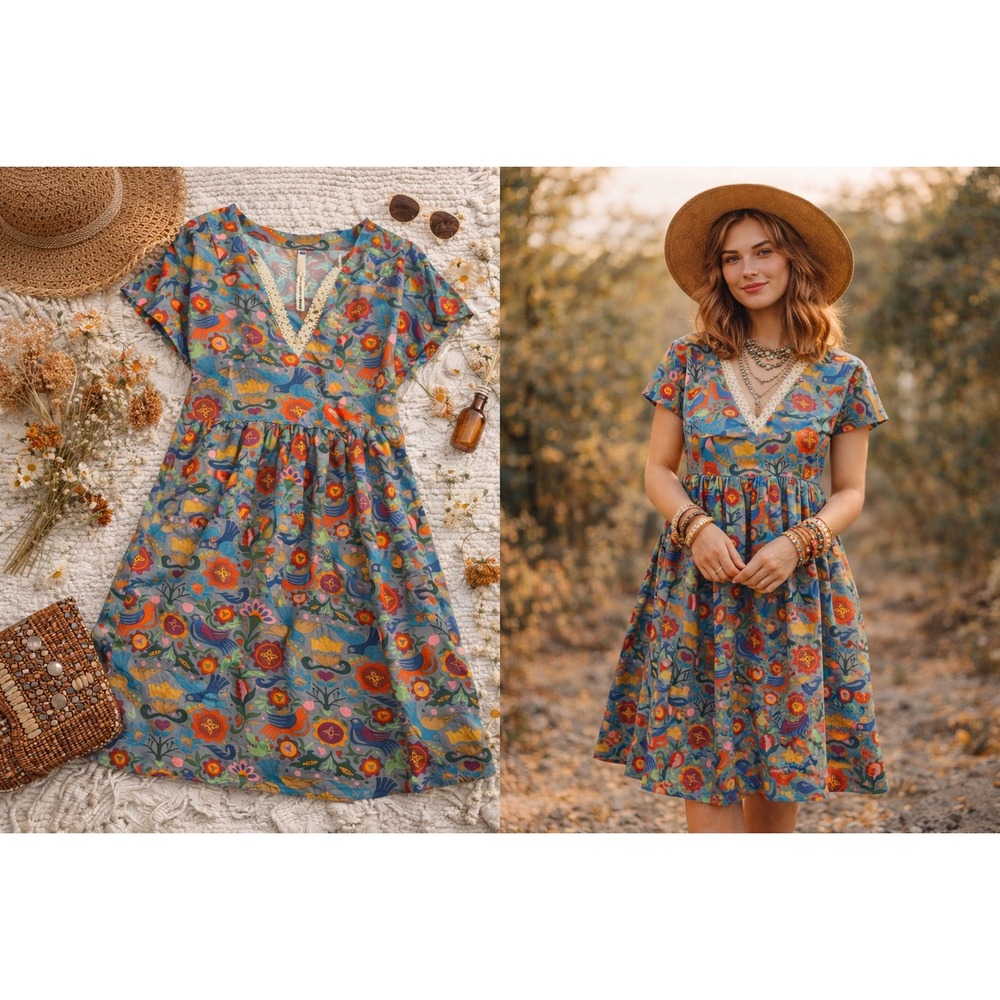 Uncle Frank Art Bird Floral Print‎ Dress Size S Art Teacher Retro Dopamine Boho
